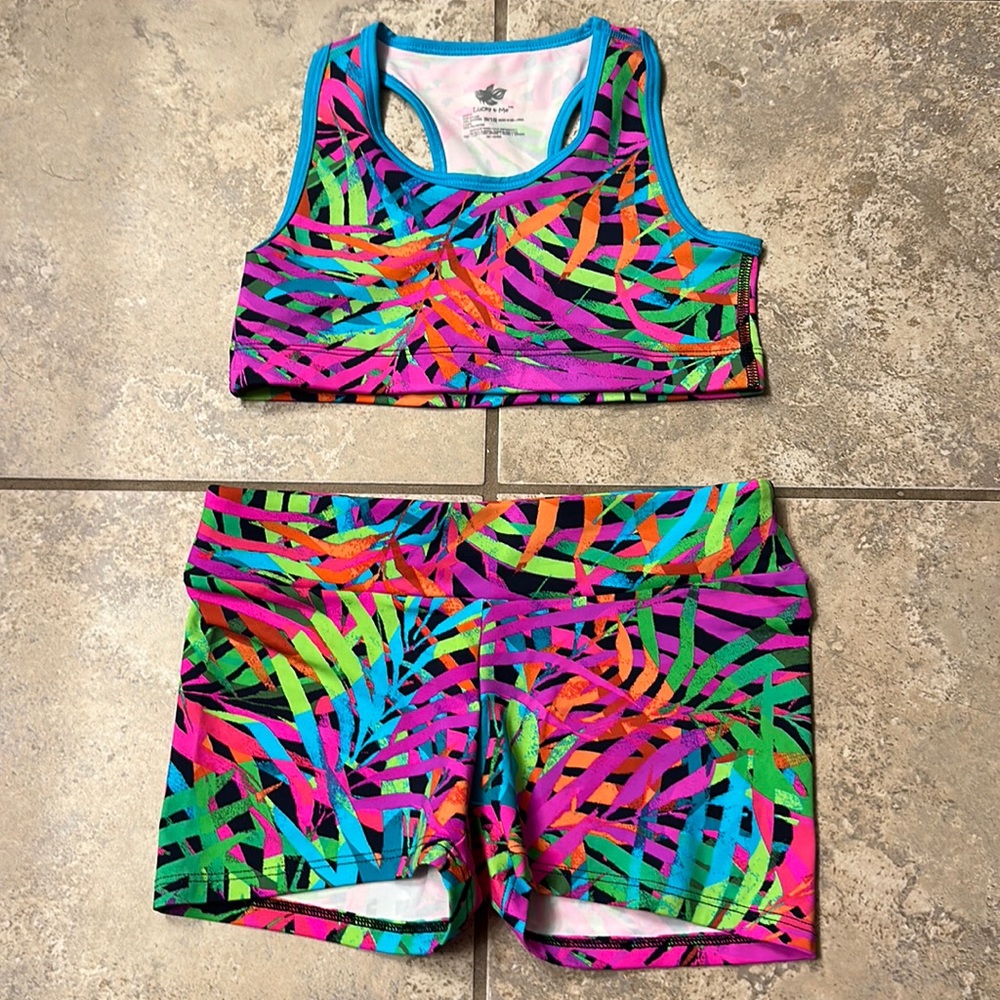 Lucky & Me Girls Dance Athletic Sports Bra & Bootie Shorts Set Tropical sz 9/10